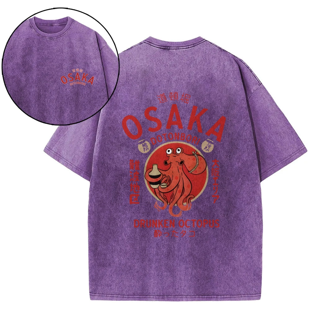 Osaka Dotonbori Drunken Octopus Vintage Wash Japanese Design Back Art T-Shirt