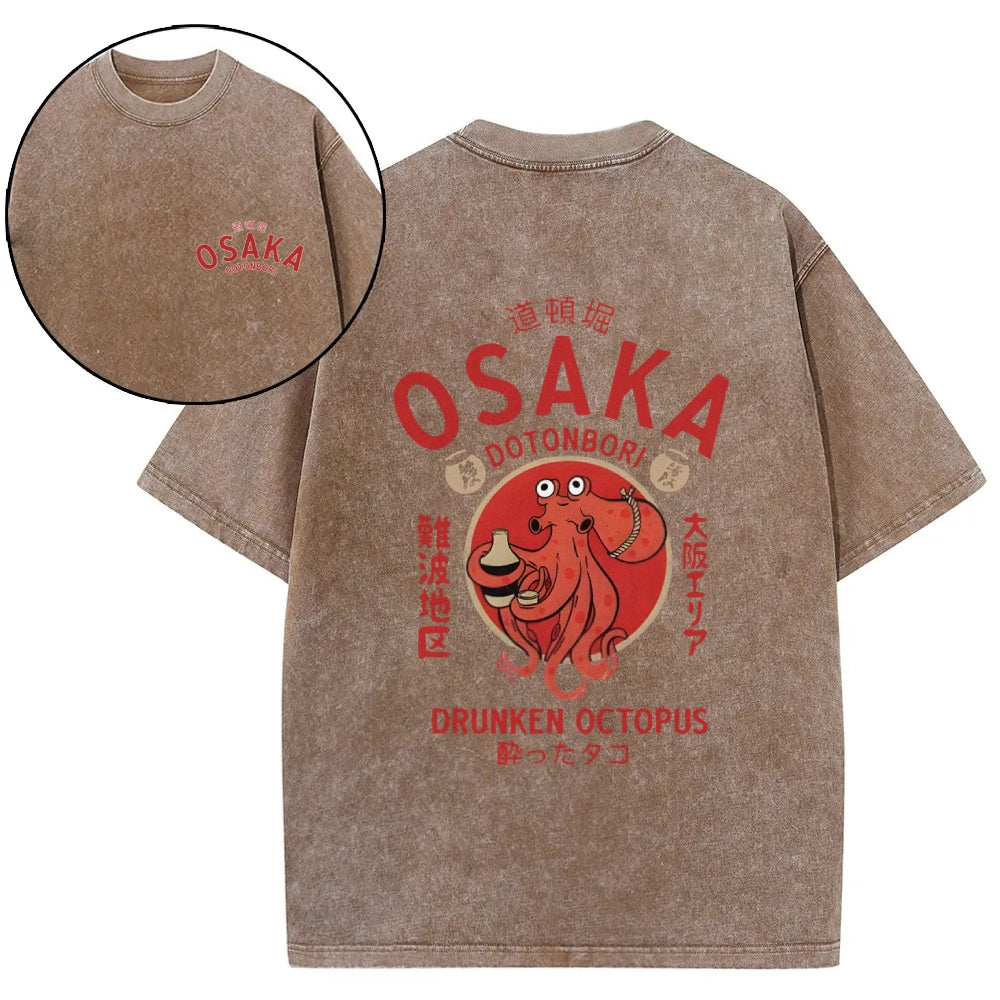 Osaka Dotonbori Drunken Octopus Vintage Wash Japanese Design Back Art T-Shirt