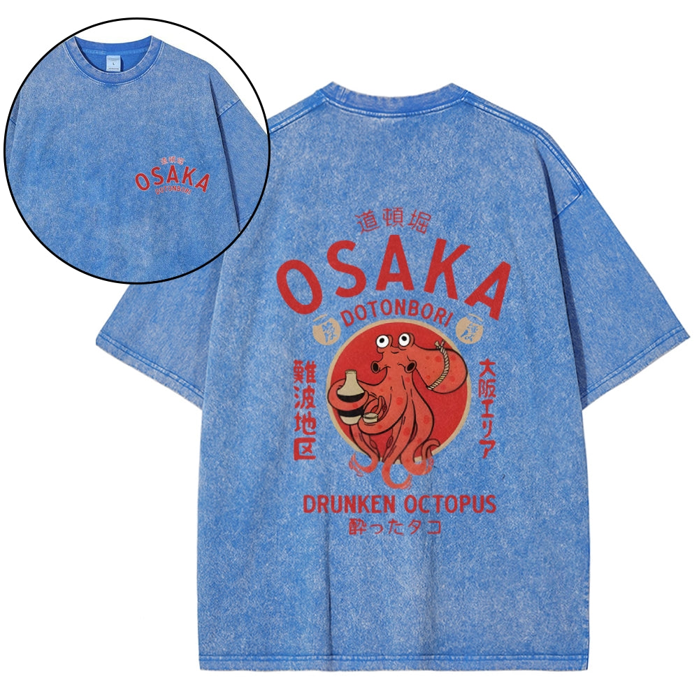 Osaka Dotonbori Drunken Octopus Vintage Wash Japanese Design Back Art T-Shirt