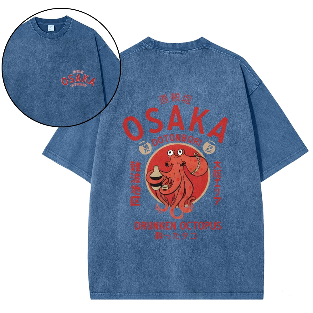 Osaka Dotonbori Drunken Octopus Vintage Wash Japanese Design Back Art T-Shirt