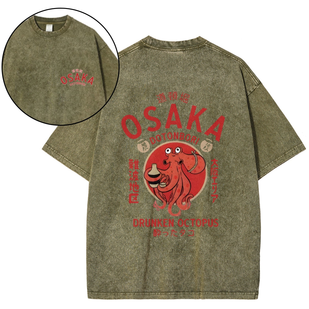 Osaka Dotonbori Drunken Octopus Vintage Wash Japanese Design Back Art T-Shirt