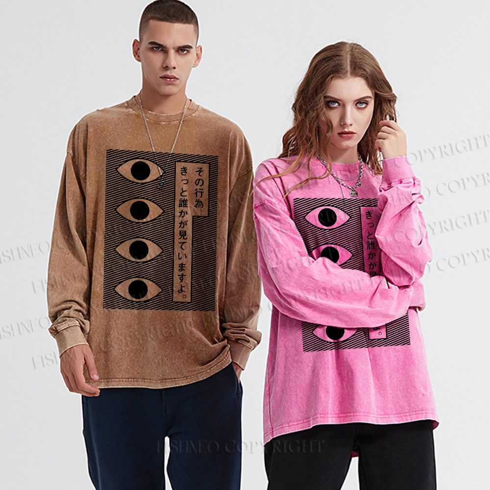 Unisex Casual Washed Geometric Art Eyes Printed Long Sleeve T-shirt
