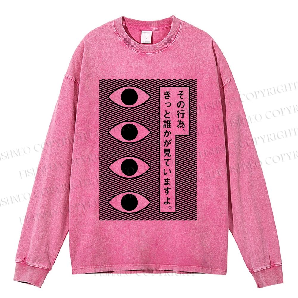Unisex Casual Washed Geometric Art Eyes Printed Long Sleeve T-shirt