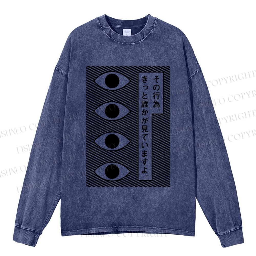 Unisex Casual Washed Geometric Art Eyes Printed Long Sleeve T-shirt
