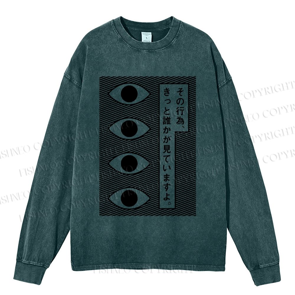 Unisex Casual Washed Geometric Art Eyes Printed Long Sleeve T-shirt