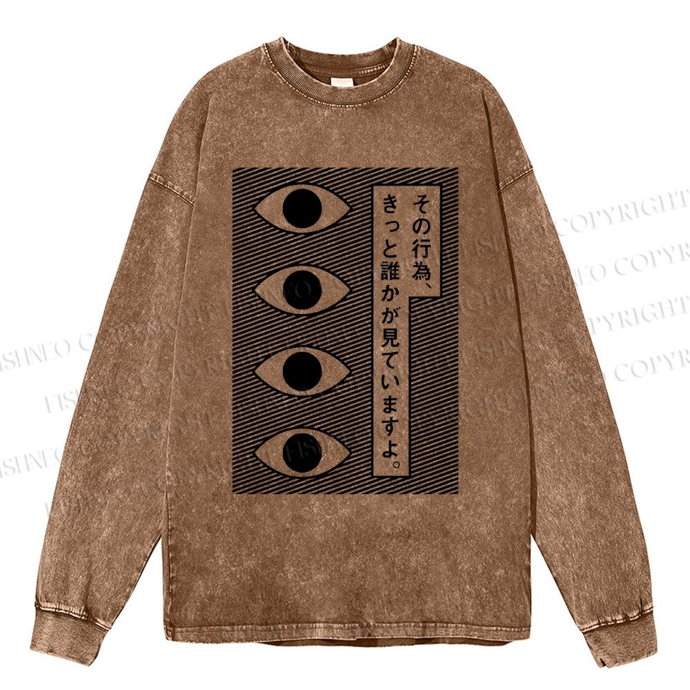 Unisex Casual Washed Geometric Art Eyes Printed Long Sleeve T-shirt