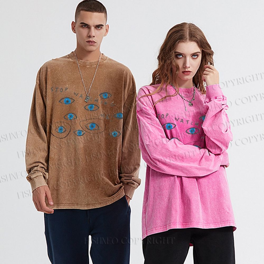 Unisex Casual Washed Artistic Abstract Eyes Printed Long Sleeve T-shirt