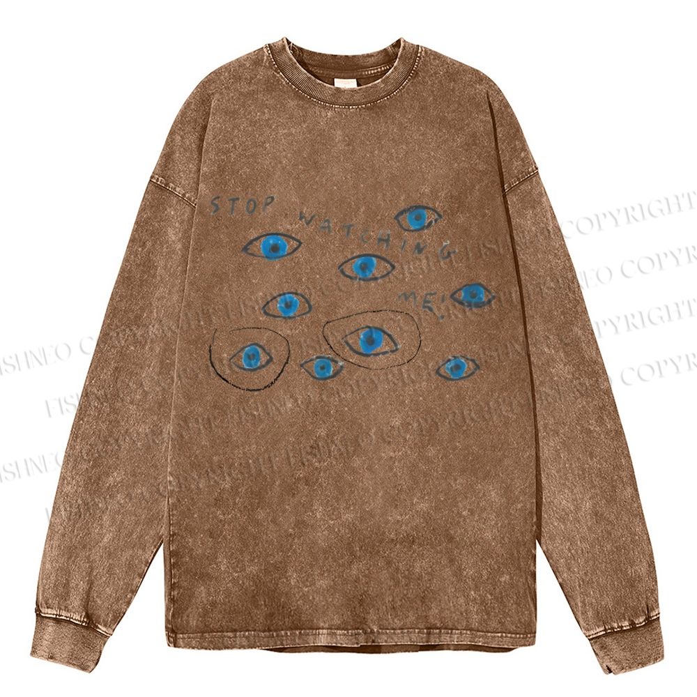Unisex Casual Washed Artistic Abstract Eyes Printed Long Sleeve T-shirt