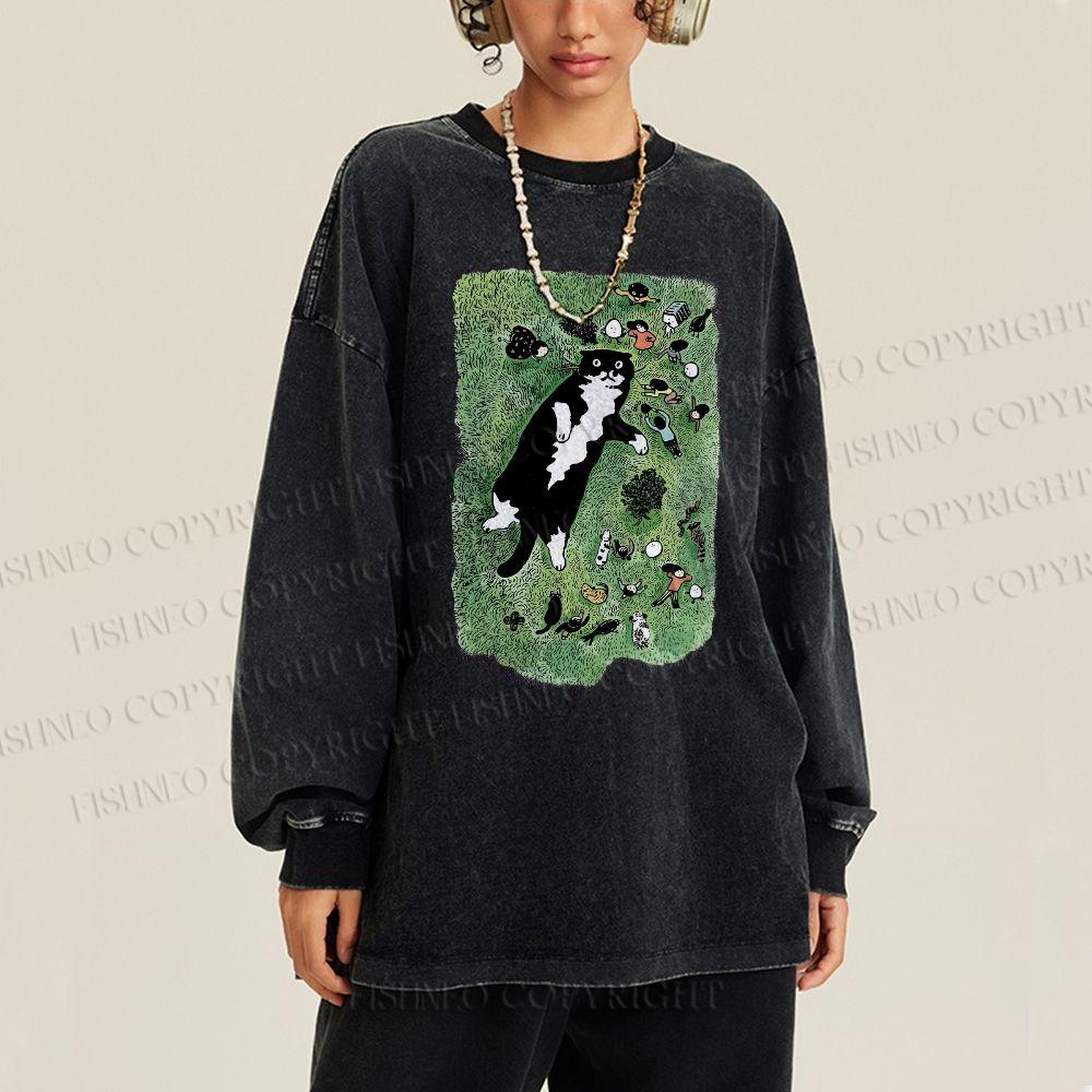 Unisex Casual Washed Cute Cat Graffiti Printed Long Sleeve T-shirt