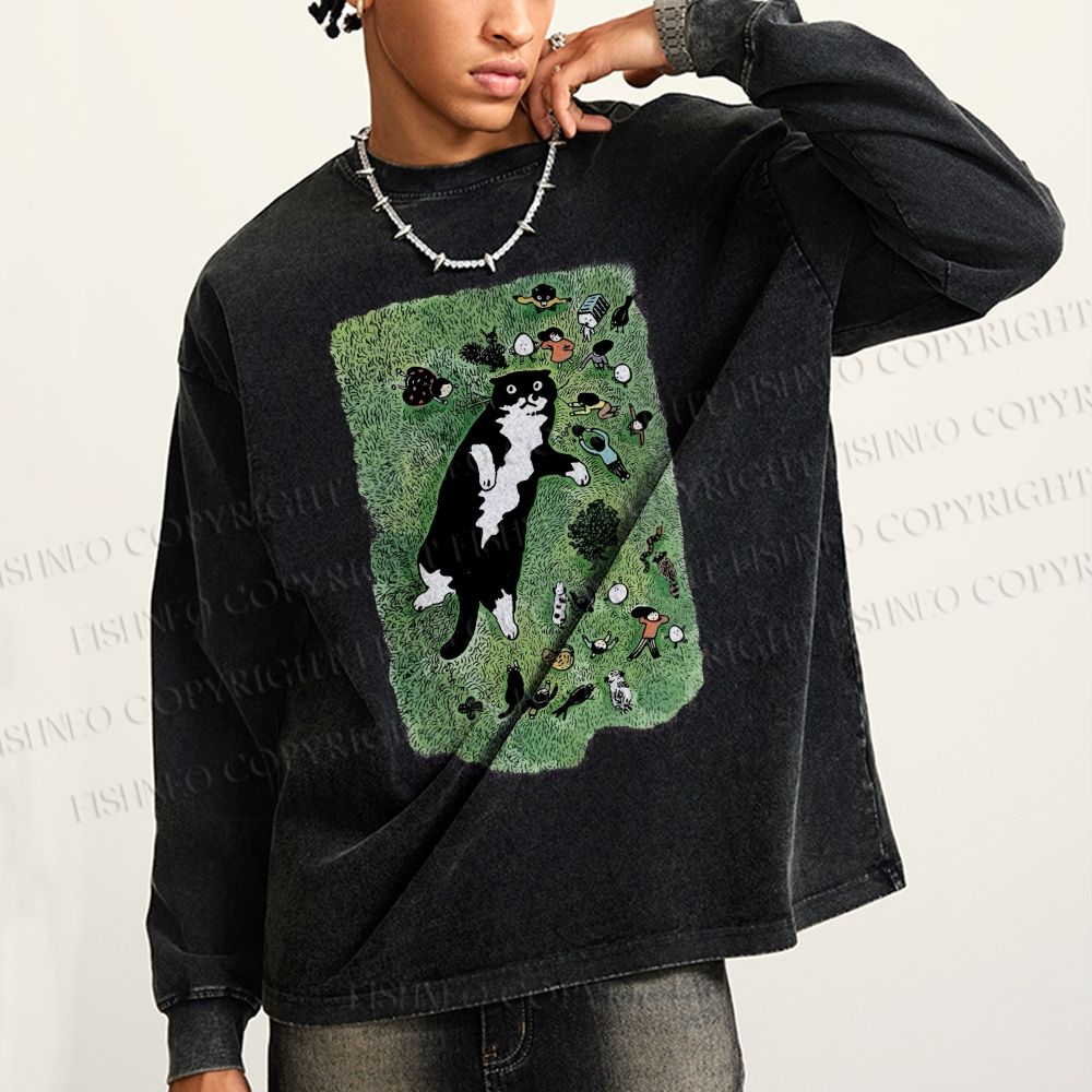 Unisex Casual Washed Cute Cat Graffiti Printed Long Sleeve T-shirt