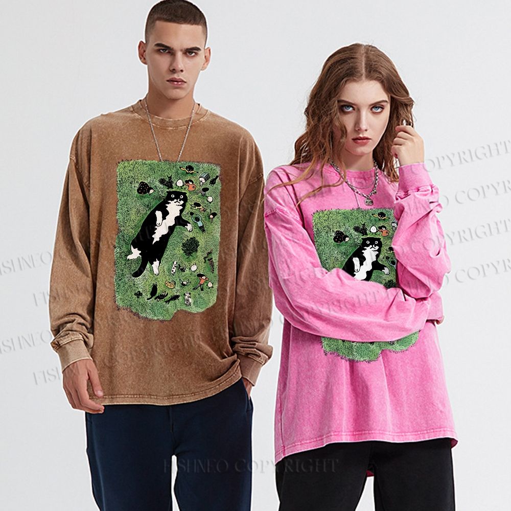 Unisex Casual Washed Cute Cat Graffiti Printed Long Sleeve T-shirt