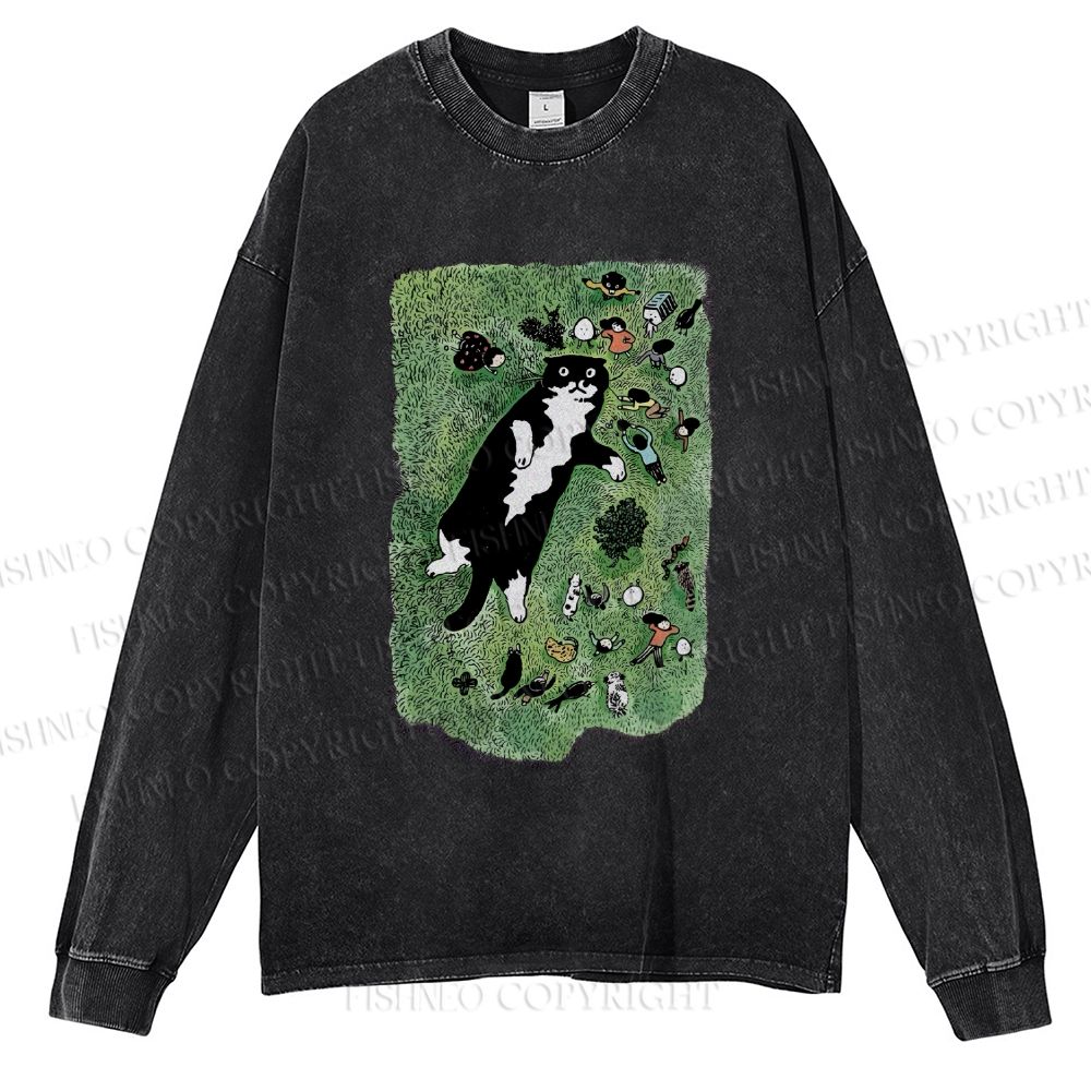 Unisex Casual Washed Cute Cat Graffiti Printed Long Sleeve T-shirt