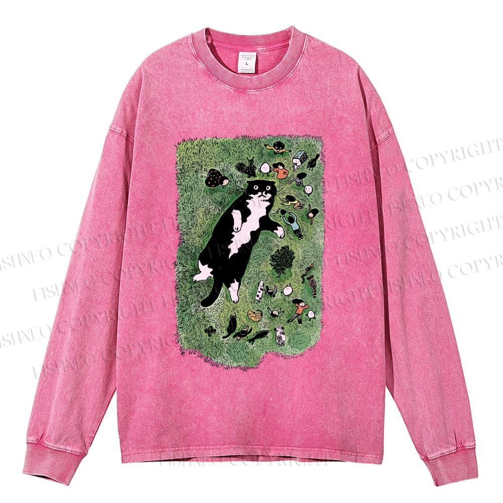 Unisex Casual Washed Cute Cat Graffiti Printed Long Sleeve T-shirt