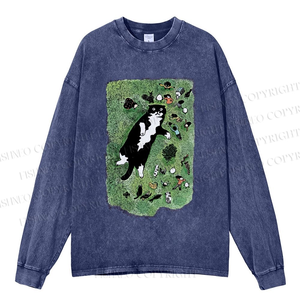 Unisex Casual Washed Cute Cat Graffiti Printed Long Sleeve T-shirt