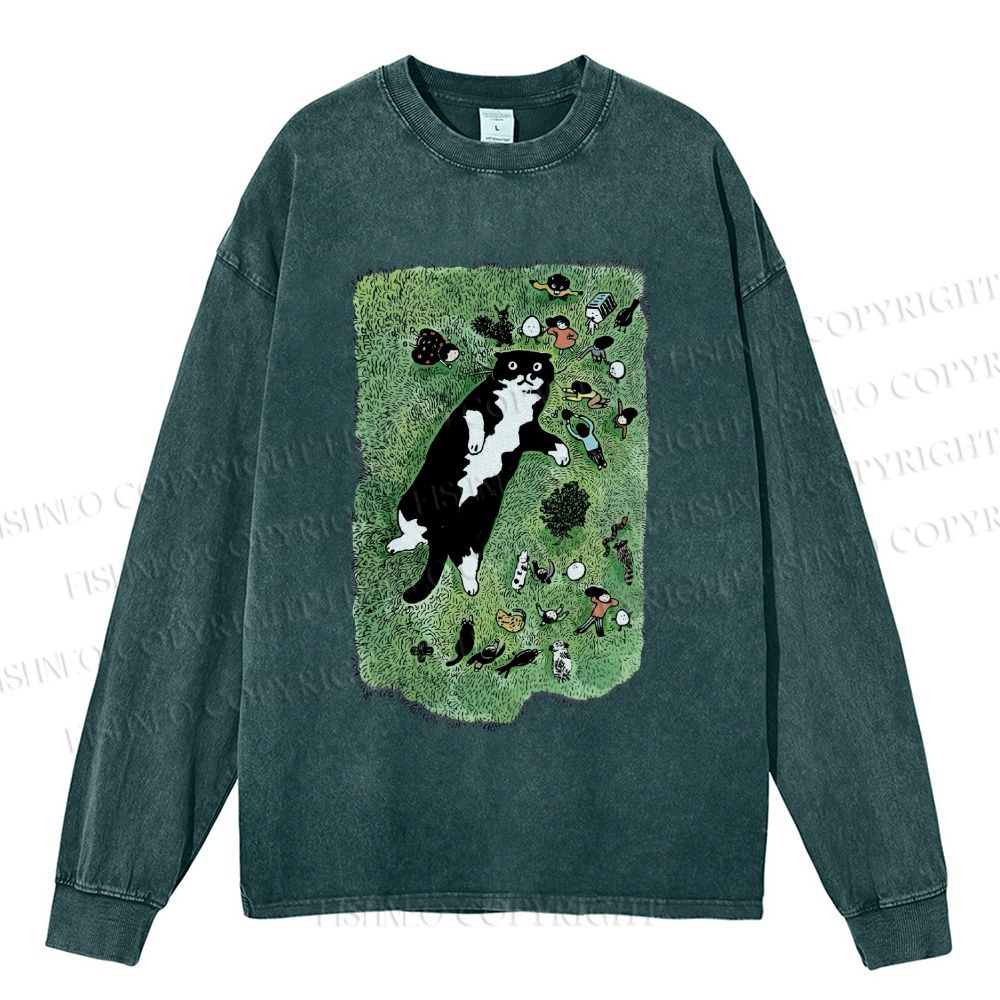 Unisex Casual Washed Cute Cat Graffiti Printed Long Sleeve T-shirt