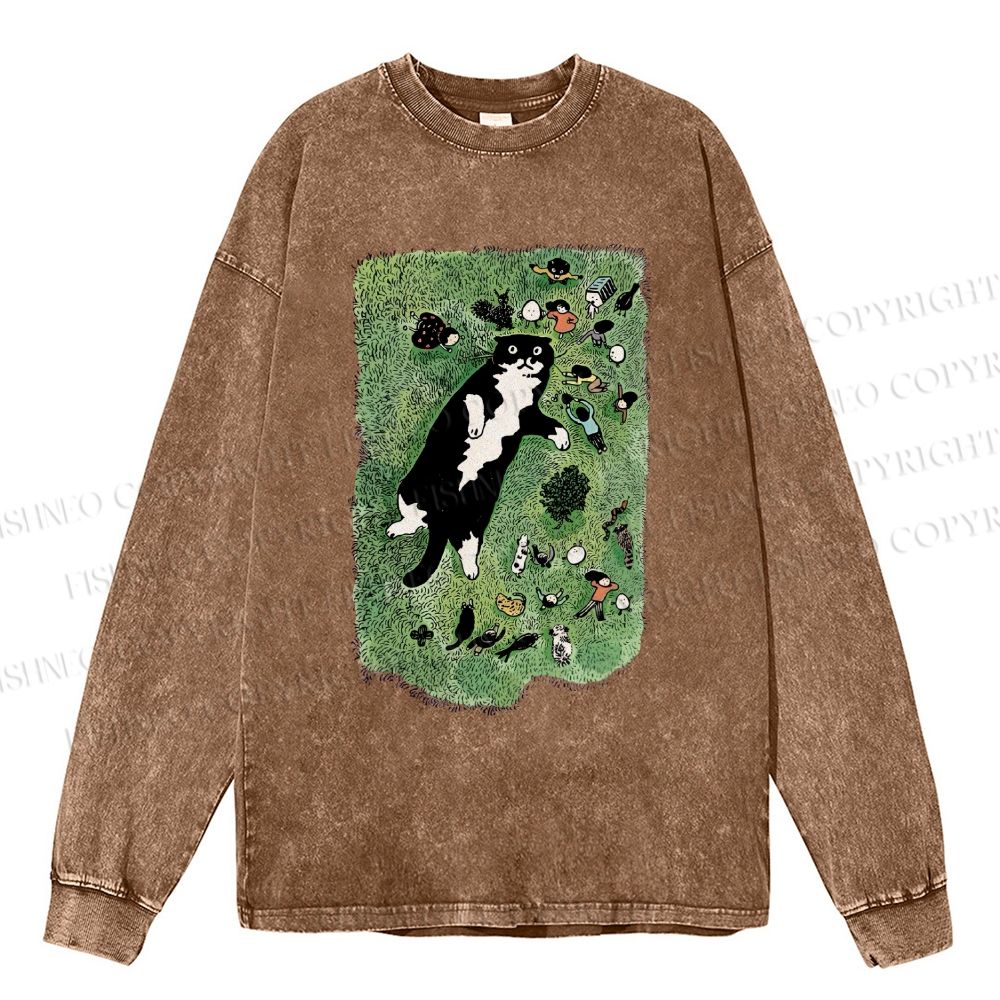 Unisex Casual Washed Cute Cat Graffiti Printed Long Sleeve T-shirt