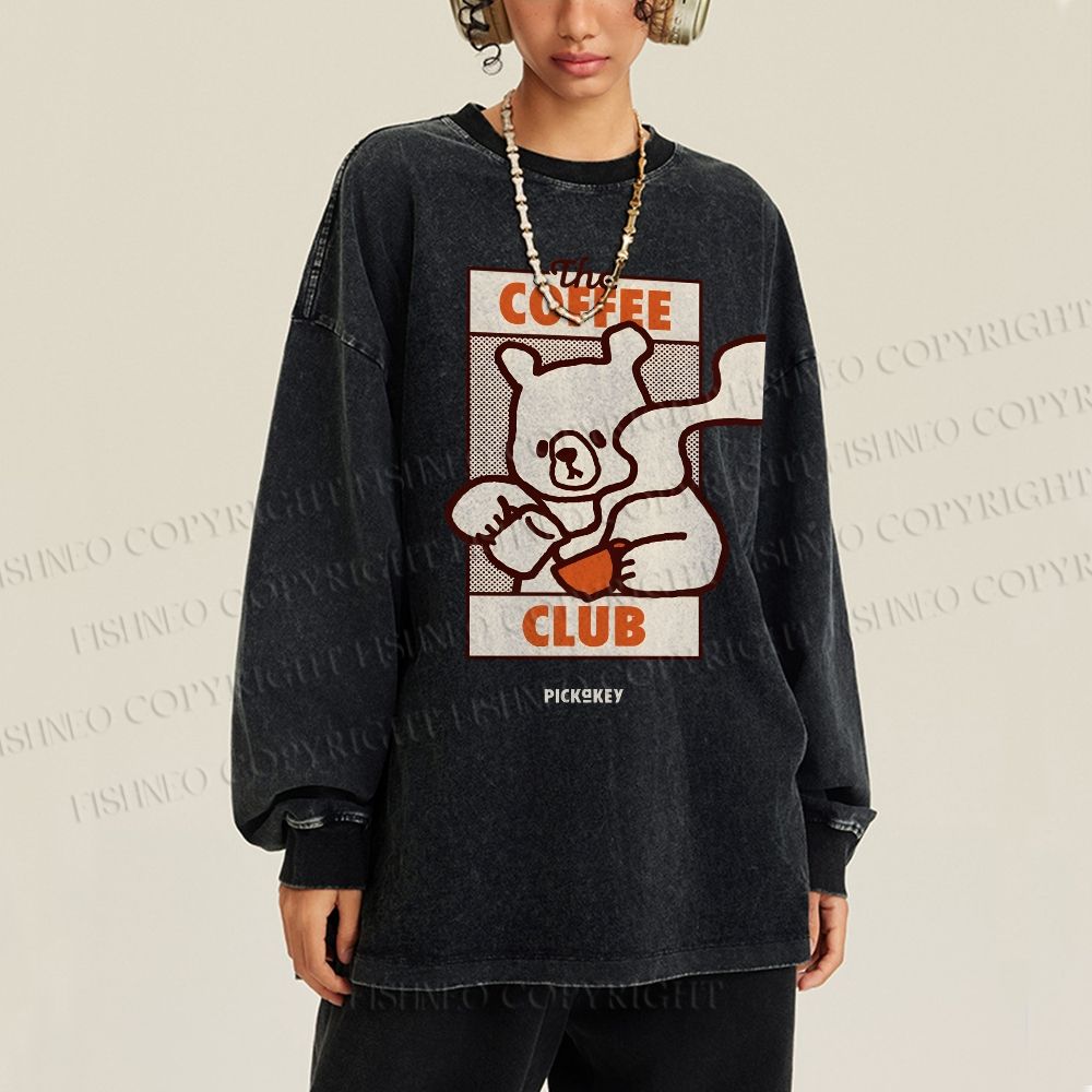 Unisex Casual Washed Vintage Bear Having Coffee Printed Long Sleeve T-shirt