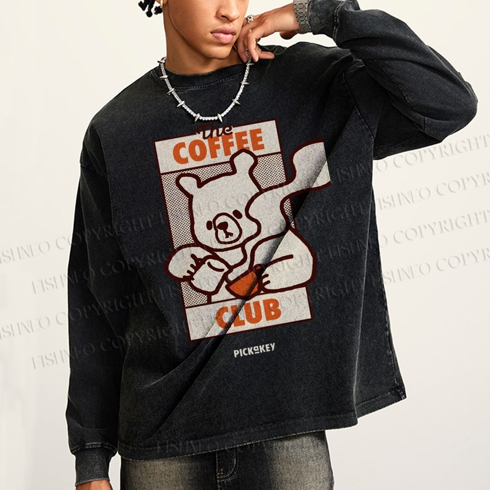 Unisex Casual Washed Vintage Bear Having Coffee Printed Long Sleeve T-shirt