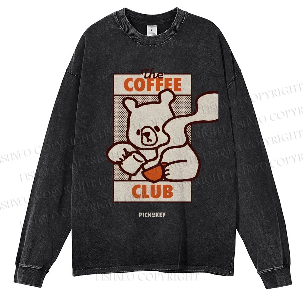 Unisex Casual Washed Vintage Bear Having Coffee Printed Long Sleeve T-shirt