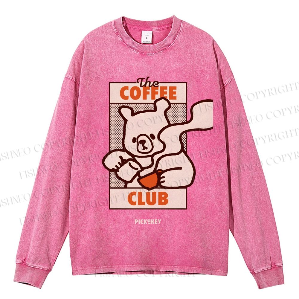 Unisex Casual Washed Vintage Bear Having Coffee Printed Long Sleeve T-shirt