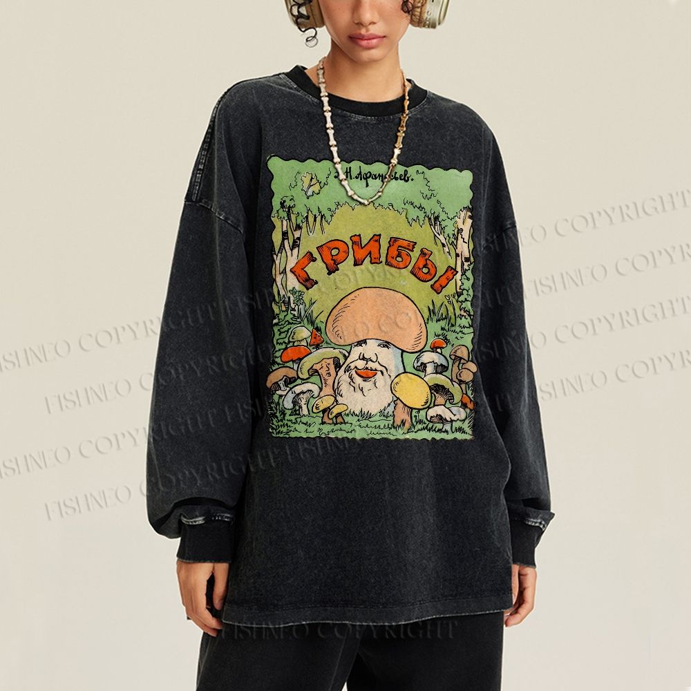 Unisex Casual Washed Weird Mushroom Graffiti Printed Long Sleeve T-shirt