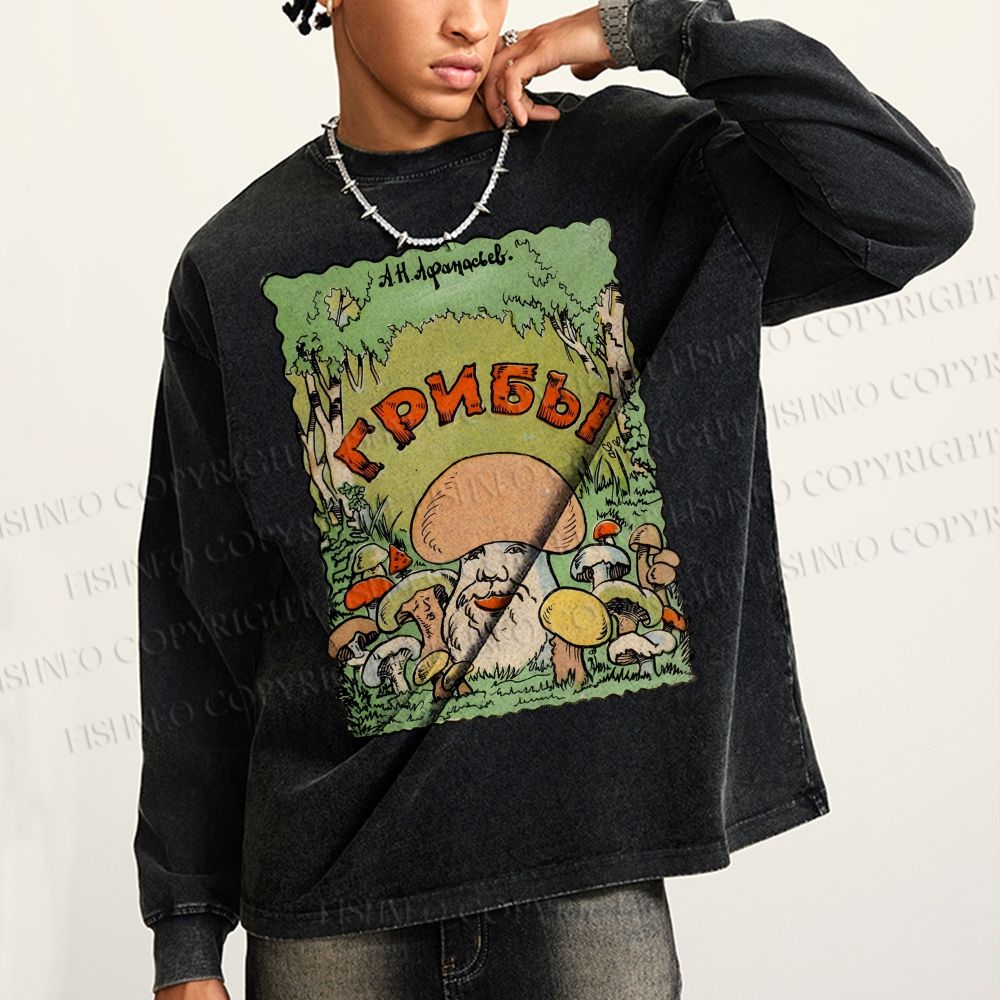Unisex Casual Washed Weird Mushroom Graffiti Printed Long Sleeve T-shirt