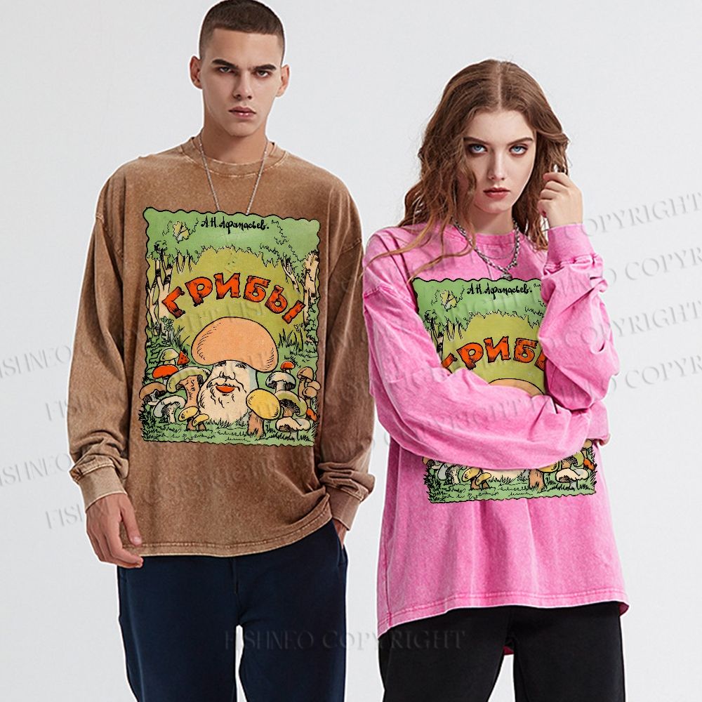 Unisex Casual Washed Weird Mushroom Graffiti Printed Long Sleeve T-shirt
