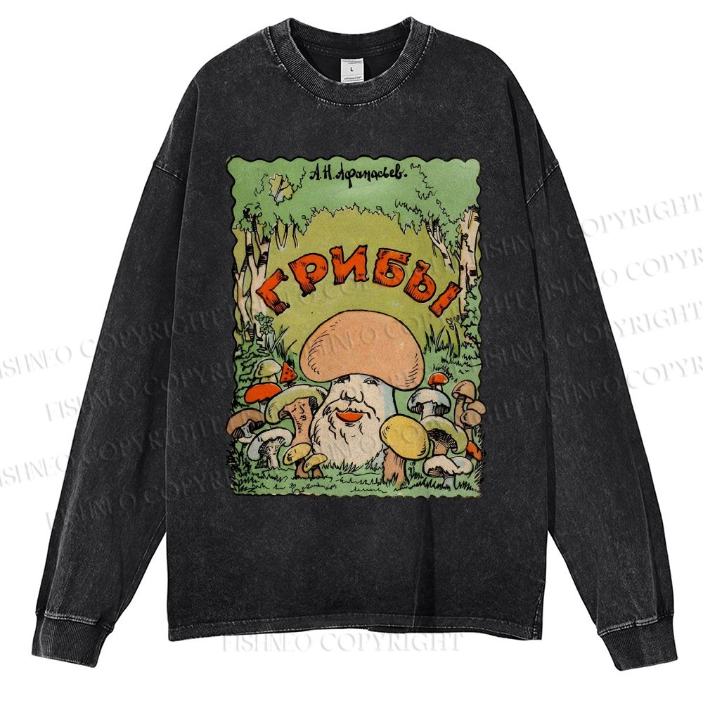Unisex Casual Washed Weird Mushroom Graffiti Printed Long Sleeve T-shirt