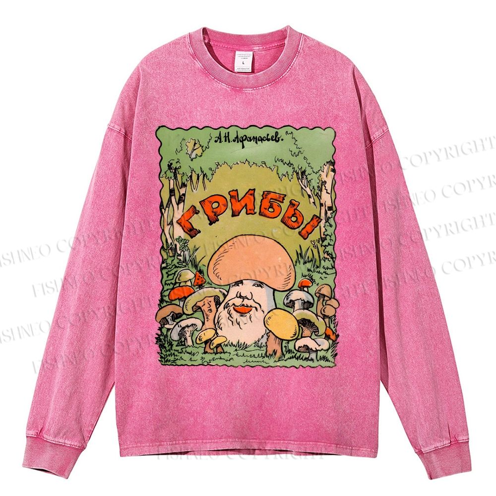 Unisex Casual Washed Weird Mushroom Graffiti Printed Long Sleeve T-shirt