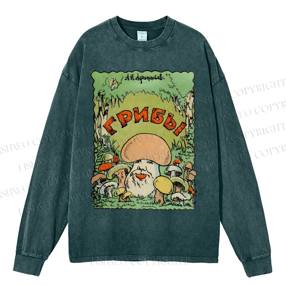 Unisex Casual Washed Weird Mushroom Graffiti Printed Long Sleeve T-shirt