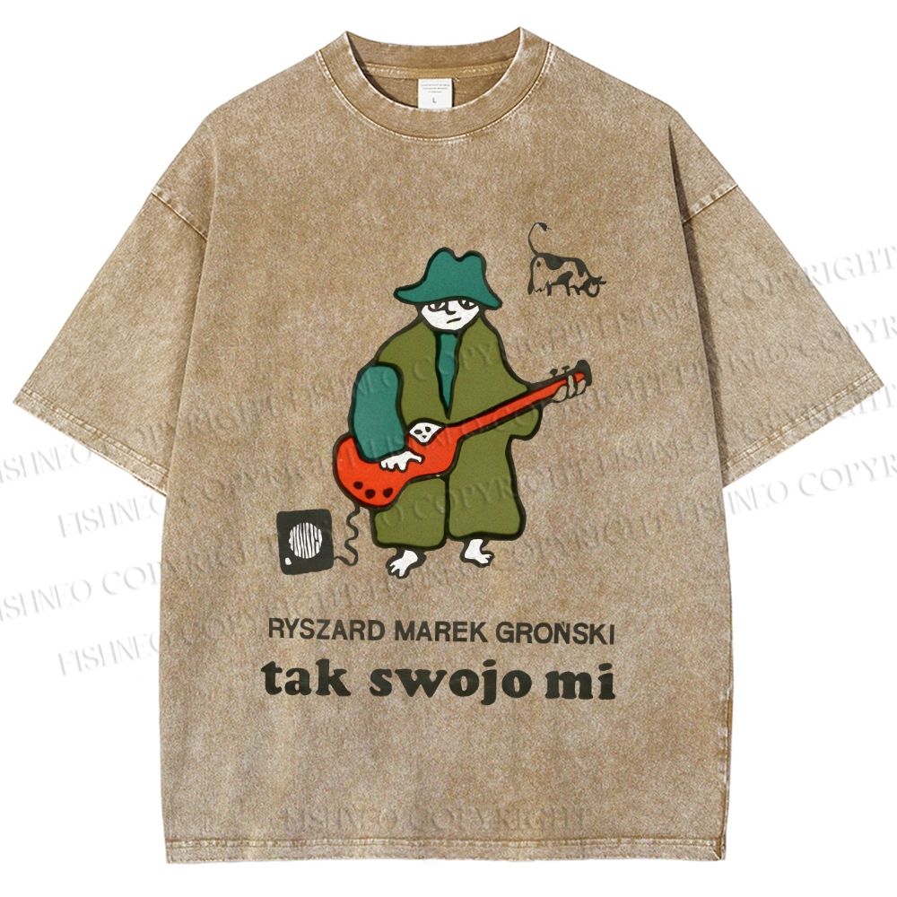 Unisex Vintage Cat Graffiti Printed Washed Tee