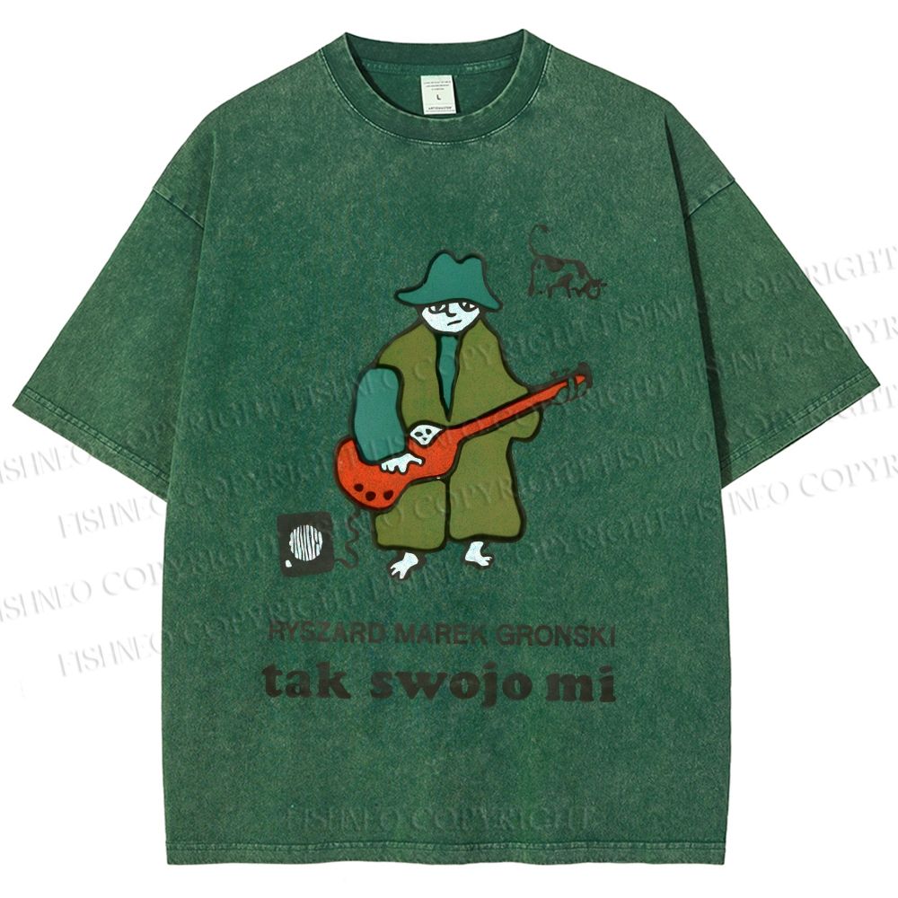 Unisex Vintage Cat Graffiti Printed Washed Tee