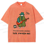 Unisex Vintage Cat Graffiti Printed Washed Tee