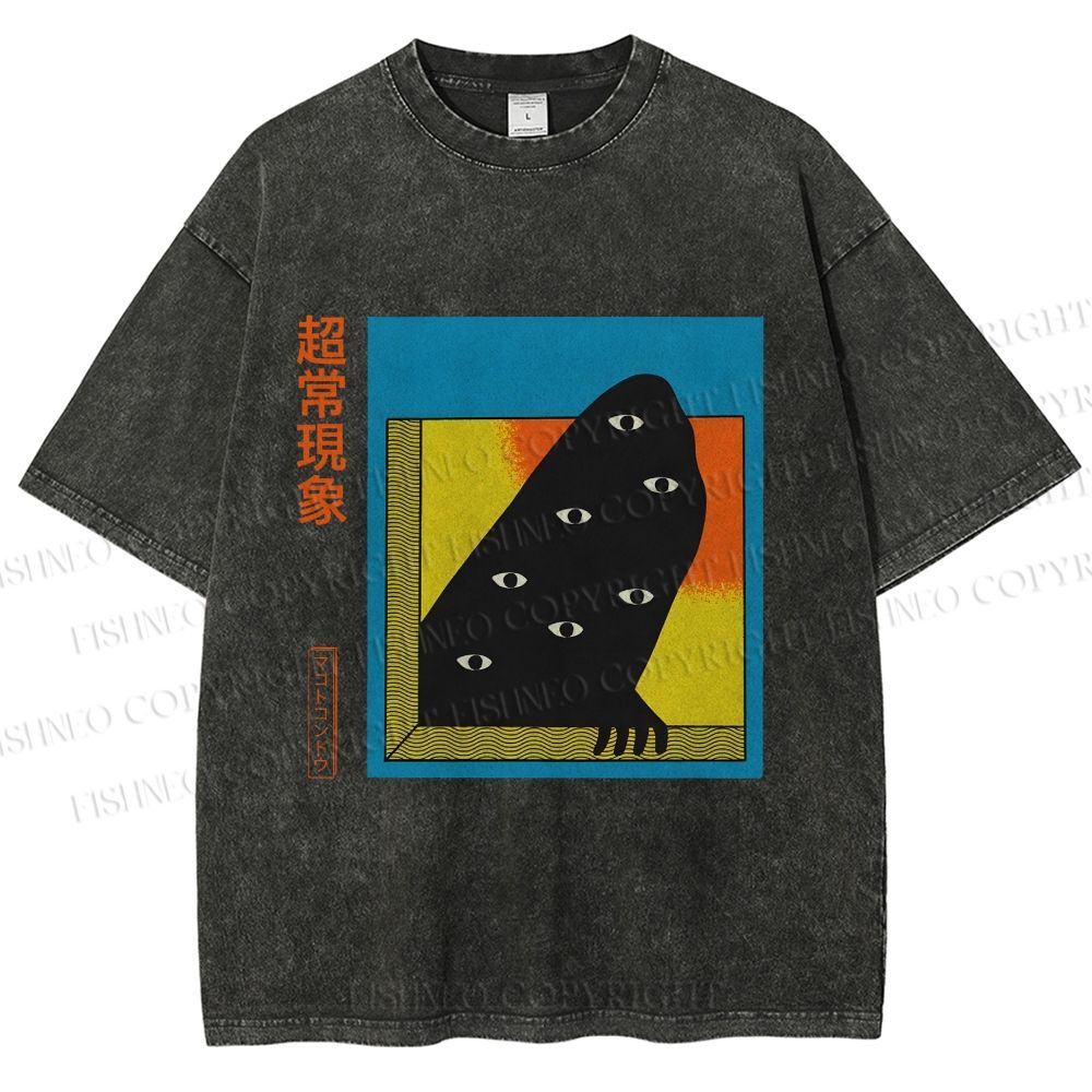 Unisex Japanese Weird Eye Monster Graffiti Printed Washed Tee