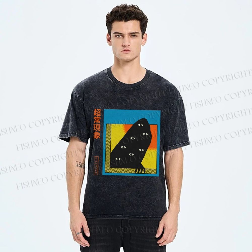 Unisex Japanese Weird Eye Monster Graffiti Printed Washed Tee