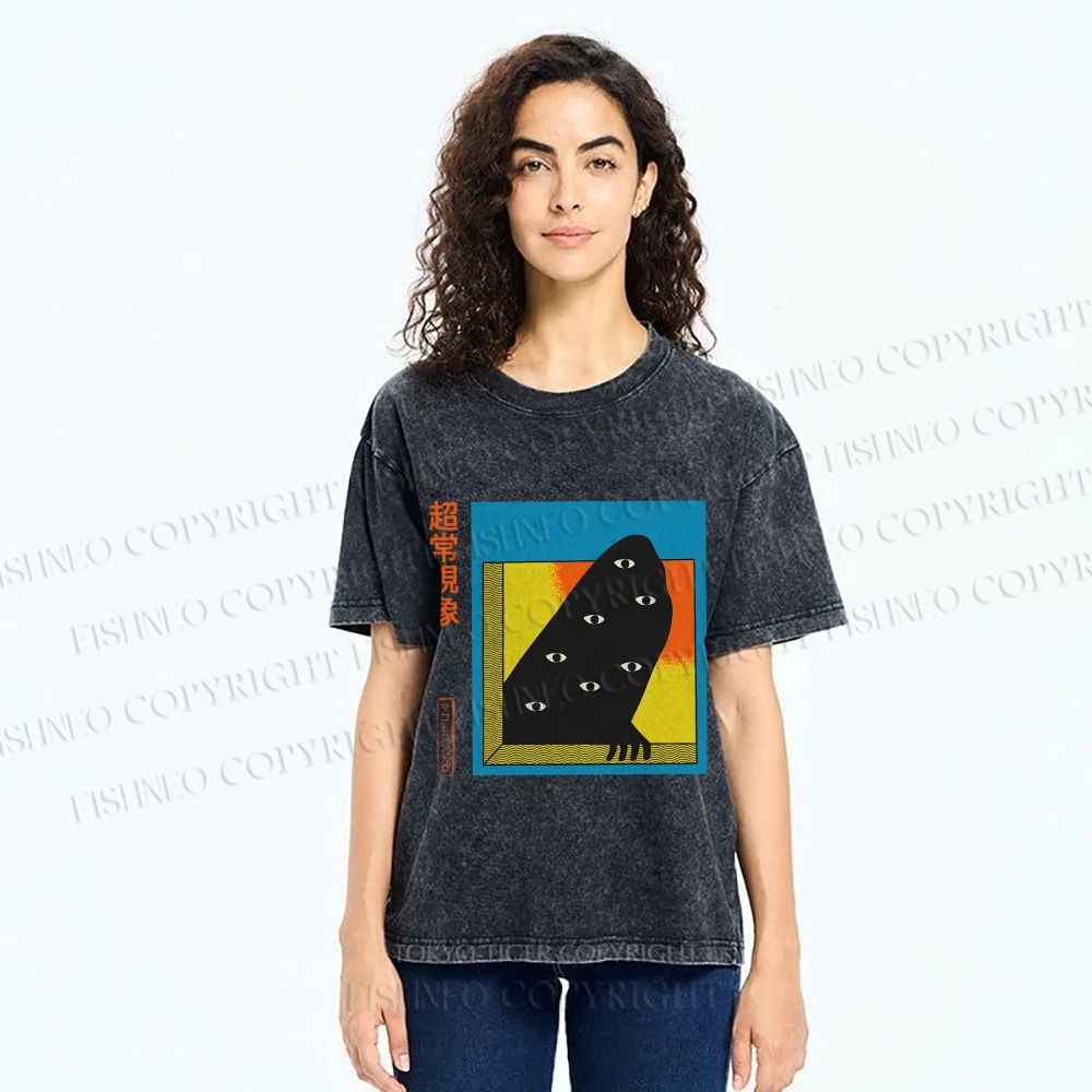 Unisex Japanese Weird Eye Monster Graffiti Printed Washed Tee