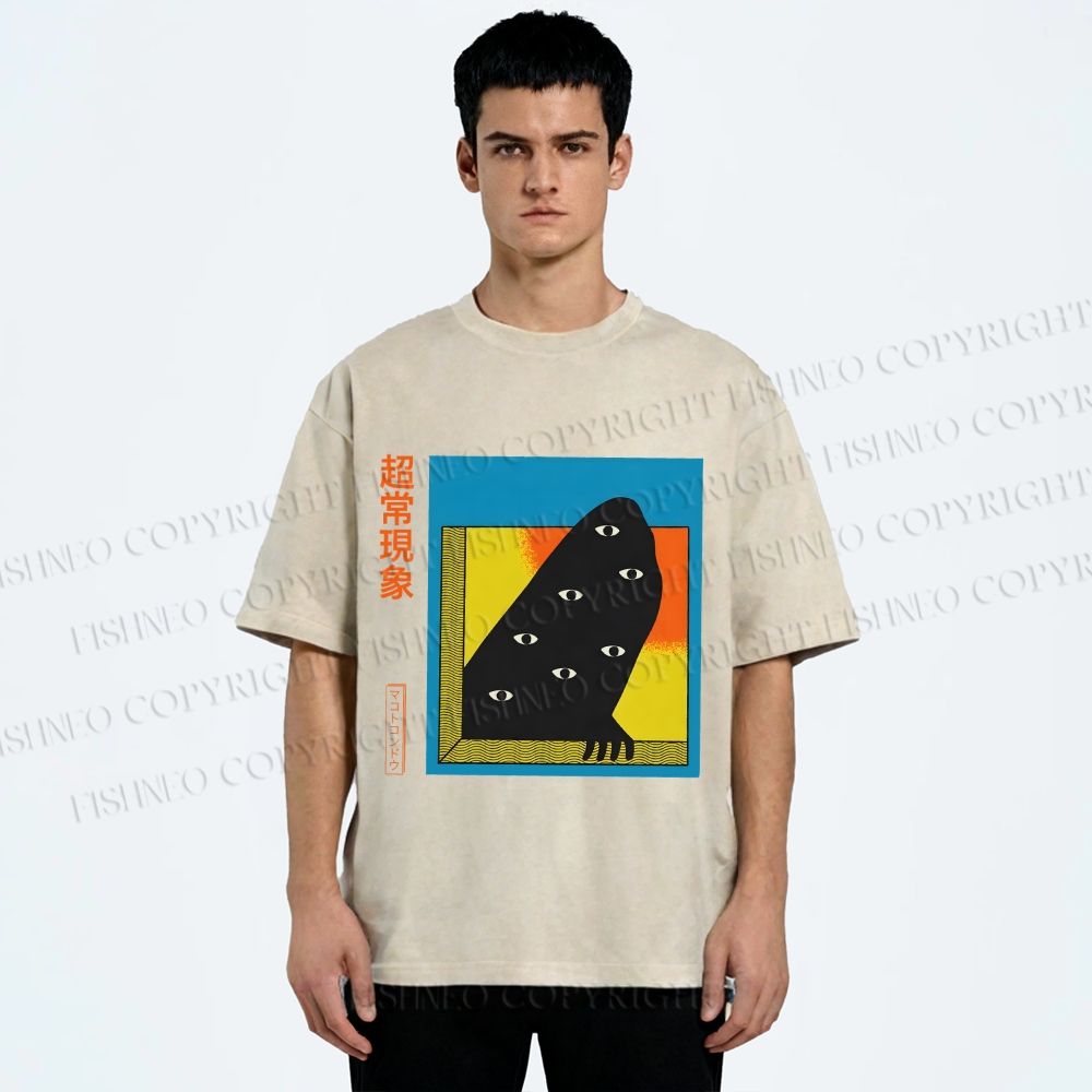 Unisex Japanese Weird Eye Monster Graffiti Printed Washed Tee