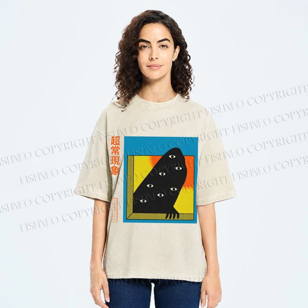 Unisex Japanese Weird Eye Monster Graffiti Printed Washed Tee