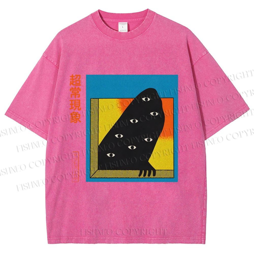 Unisex Japanese Weird Eye Monster Graffiti Printed Washed Tee