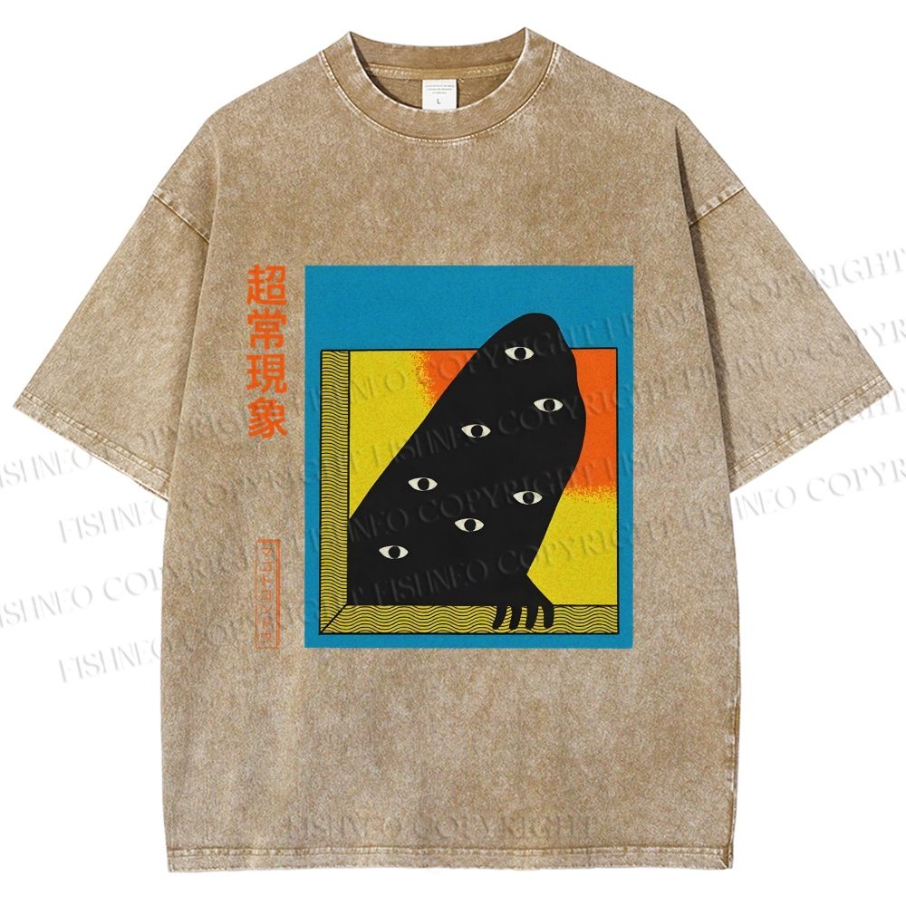Unisex Japanese Weird Eye Monster Graffiti Printed Washed Tee