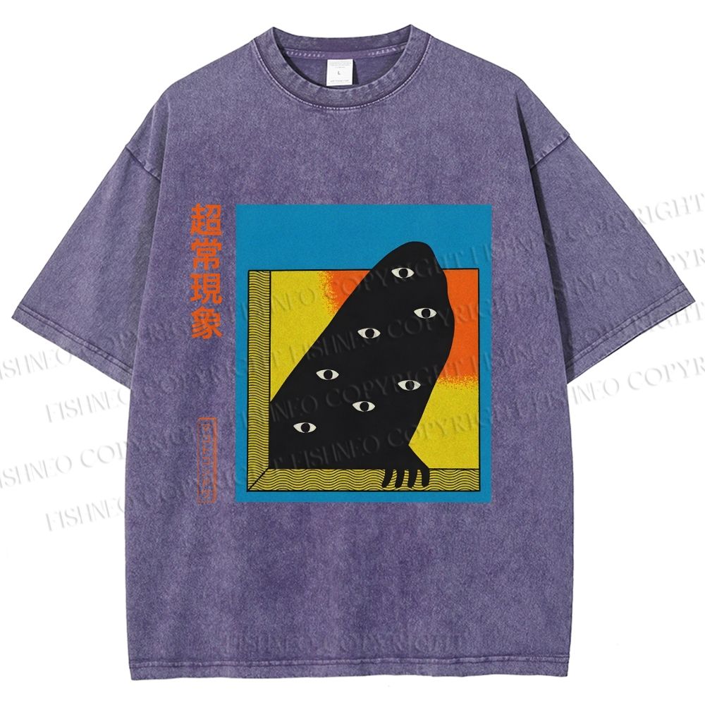 Unisex Japanese Weird Eye Monster Graffiti Printed Washed Tee