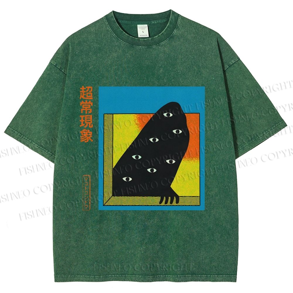 Unisex Japanese Weird Eye Monster Graffiti Printed Washed Tee