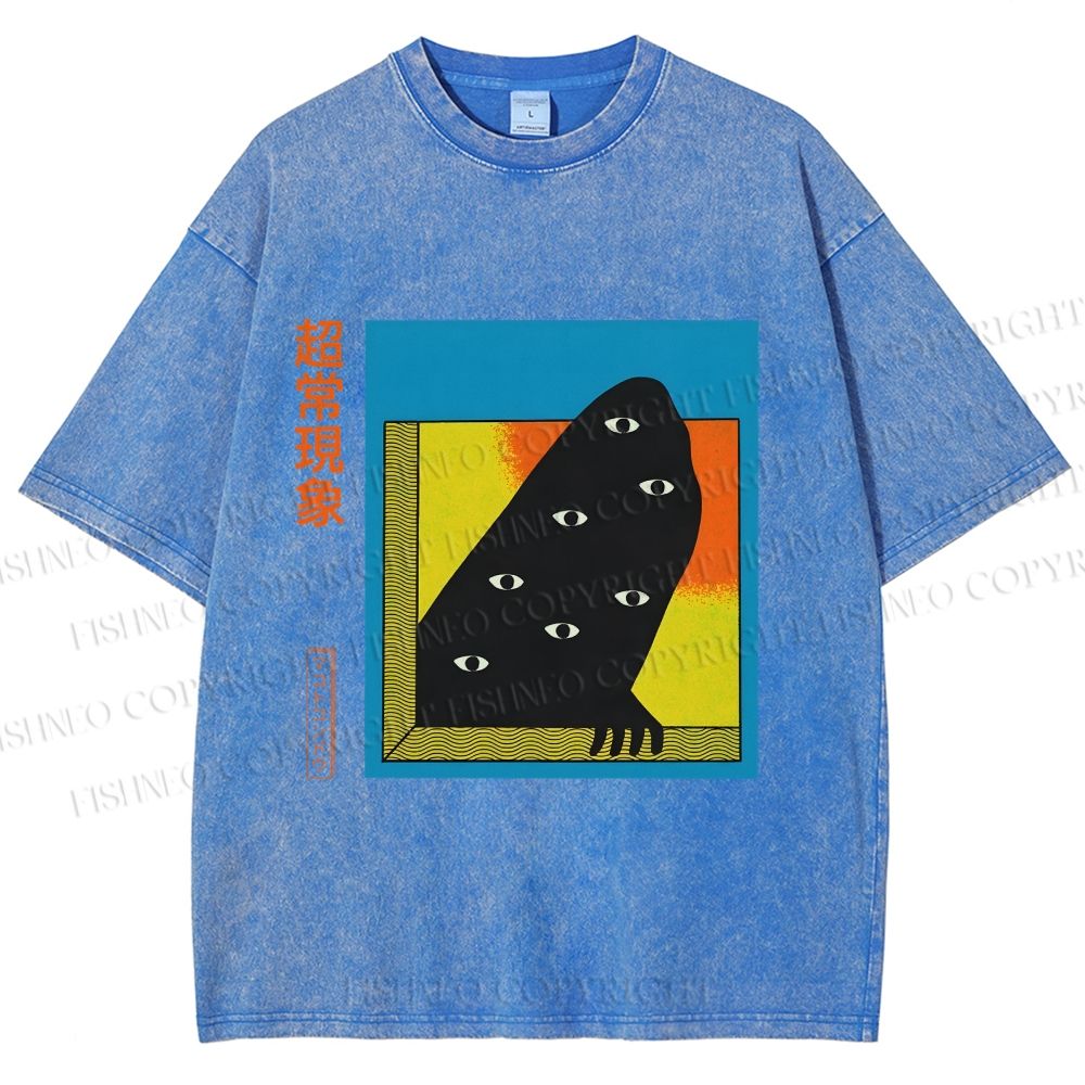 Unisex Japanese Weird Eye Monster Graffiti Printed Washed Tee