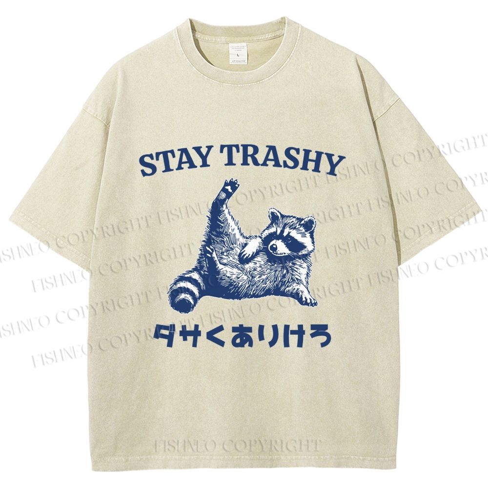Unisex Vintage Funny Raccoon Stay Trashy Printed Washed Tee