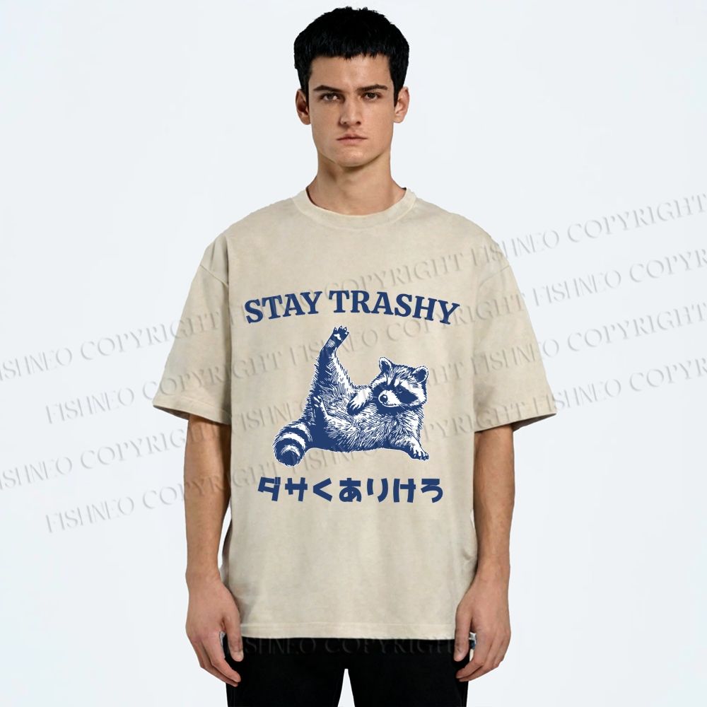 Unisex Vintage Funny Raccoon Stay Trashy Printed Washed Tee