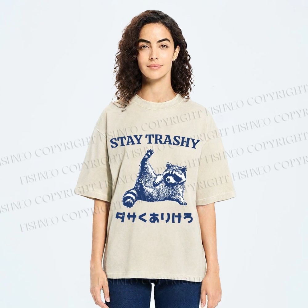 Unisex Vintage Funny Raccoon Stay Trashy Printed Washed Tee