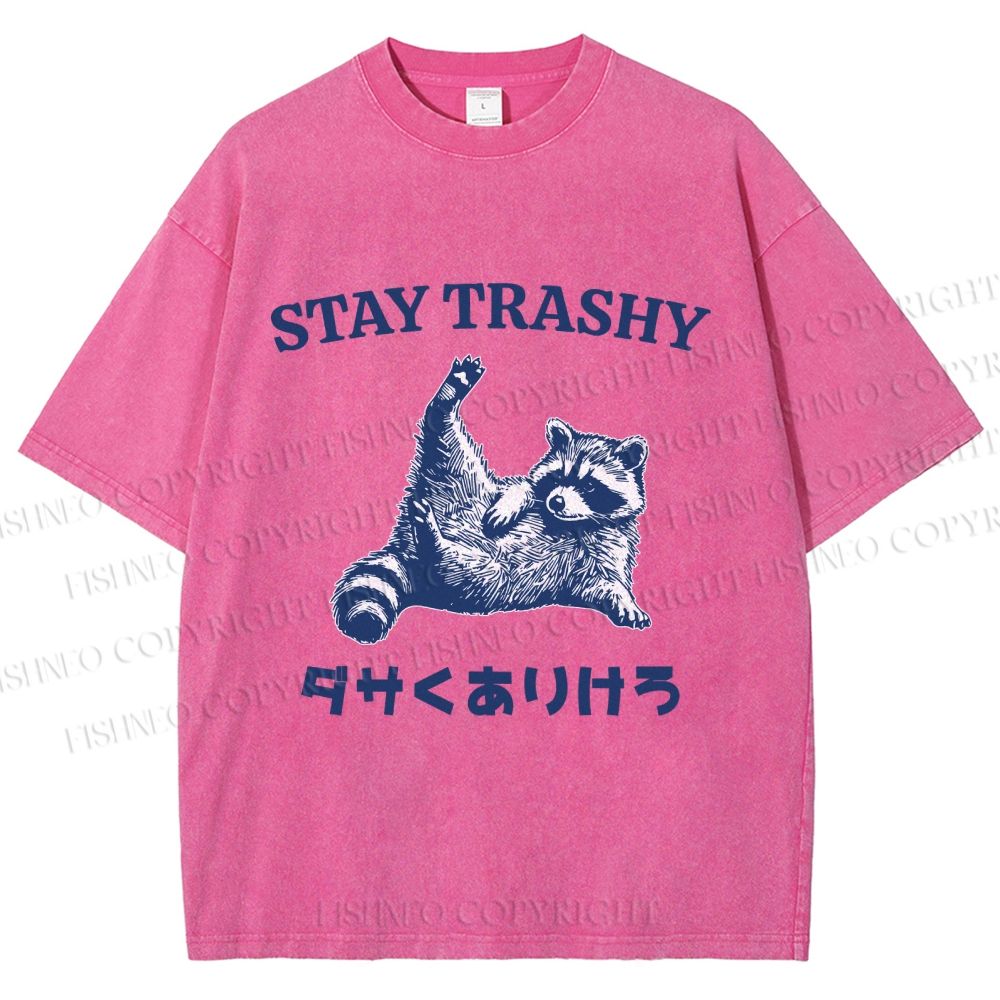Unisex Vintage Funny Raccoon Stay Trashy Printed Washed Tee