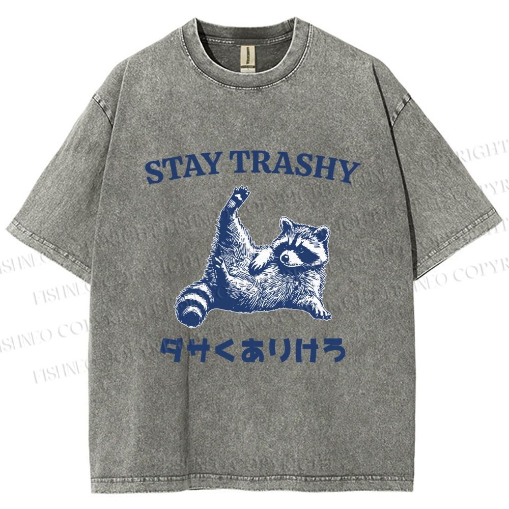 Unisex Vintage Funny Raccoon Stay Trashy Printed Washed Tee