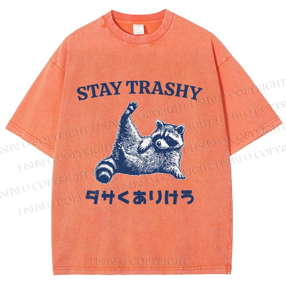 Unisex Vintage Funny Raccoon Stay Trashy Printed Washed Tee