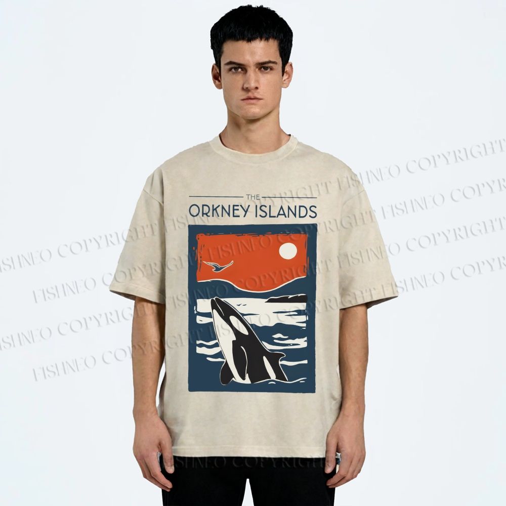 Unisex Vintage Sea Whale Printed Washed Tee